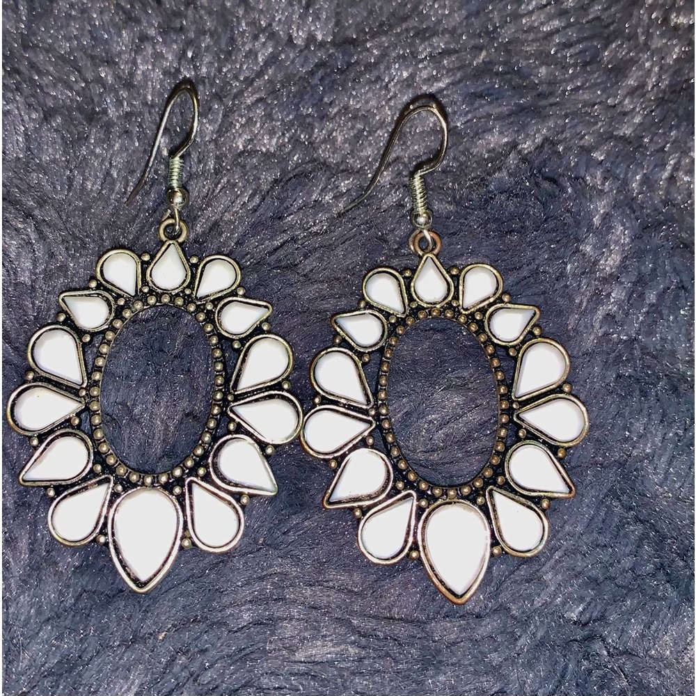Earrings 1 Silver tone/white accents. 2 Silver tone /copper wire wrap accent .